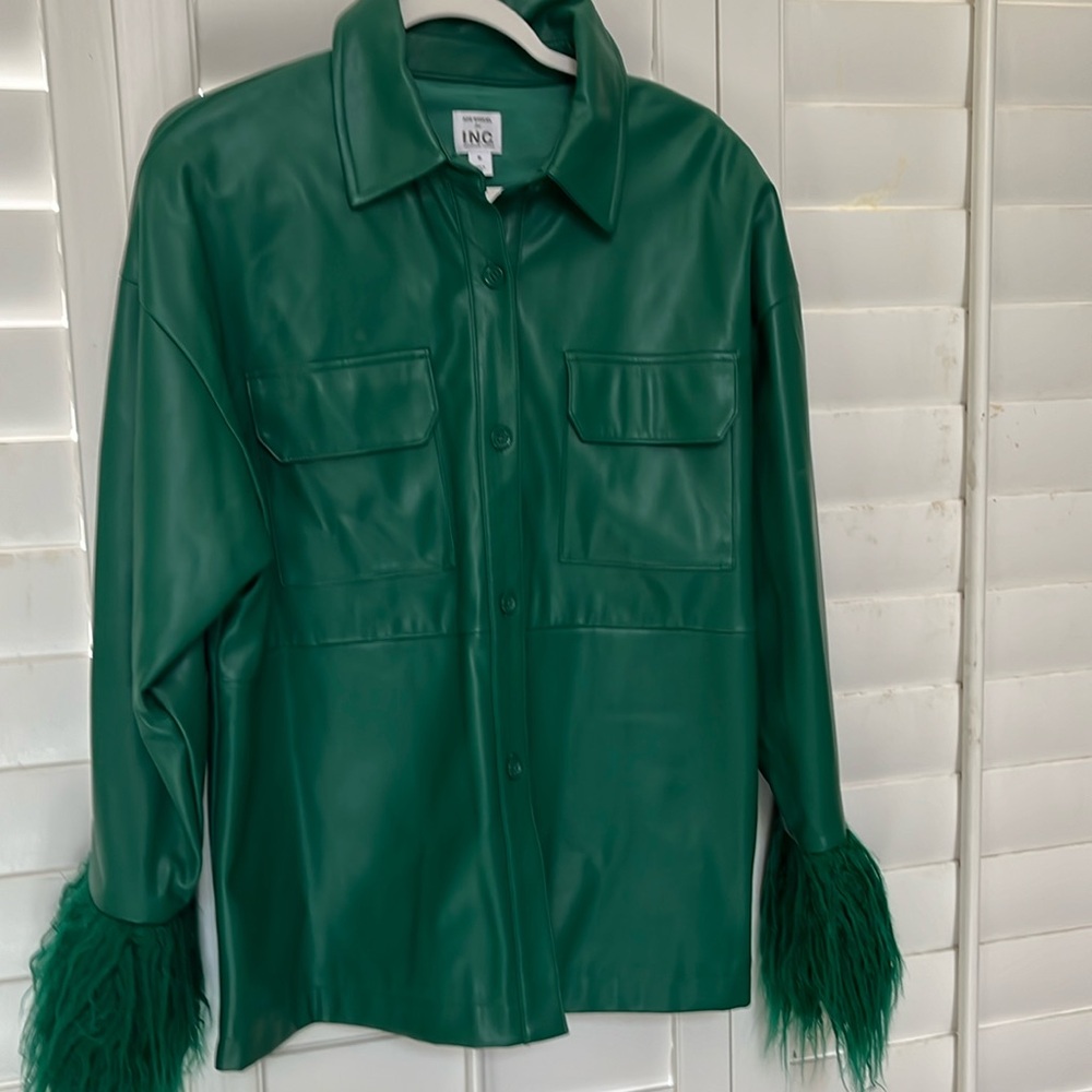 INC faux leather green jacket with fur trimmed sleeves! Size M